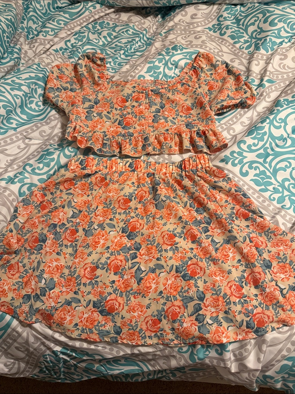 Floral Two-Piece Peach & Blue Women Set